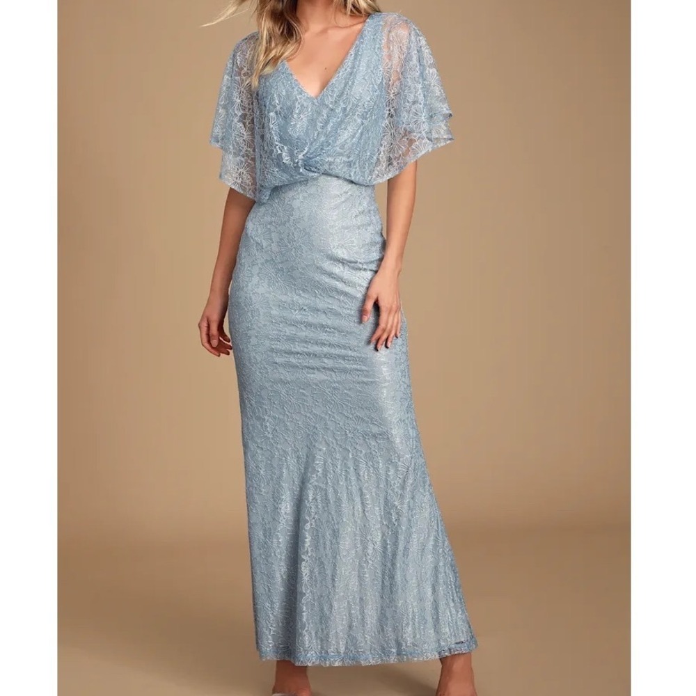 NWT Lulus Bliss Delight Maxi Dress M Slate Blue Floral Lace Flutter V-Neck Gown